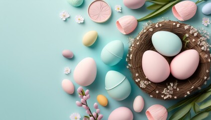Obraz premium Flat lay temático de Páscoa com cores pastéis suaves