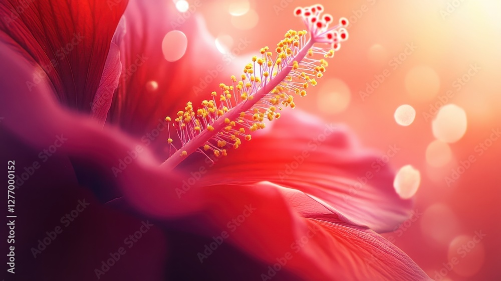 Aufkleber vibrant red hibiscus flower showcasing intricate details and textures in soft lighting during early 
