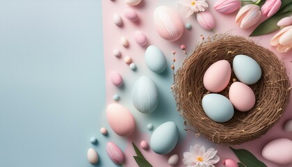 Flat lay tem&aacute;tico de P&aacute;scoa com cores past&eacute;is suaves