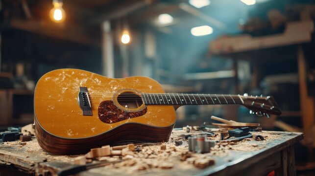 Showcasing a guitar amidst woodworking tools, this image captures the essence of craftsmanship and artistry, reflecting the dedication involved in music creation.