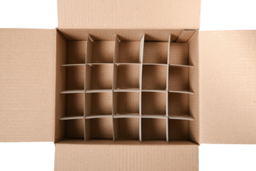 Open cardboard box with partitions inside isolated on white background. Close-up, top view. Box for safe transportation of fragile items, glass bottles.