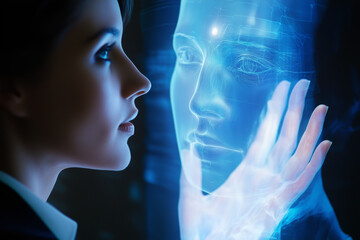 Obraz premium Woman Interacting with a Holographic Face in a Futuristic Setting