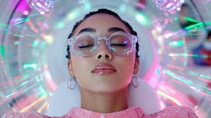 A person in vibrant attire and clear glasses lies inside an MRI scanner, surrounded by colorful, swirling lights.