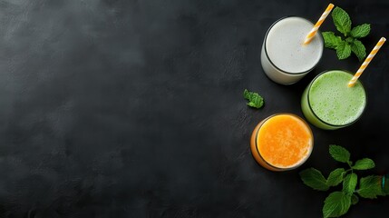 A vibrant collection of tropical smoothies featuring unique flavors and hues, set on a sleek dark background, perfect for promoting healthy dietary choices.