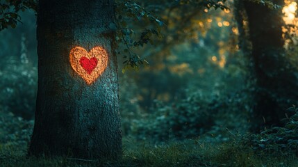 Heart Symbol Carved into Tree Bark in Enchanted Forest Setting