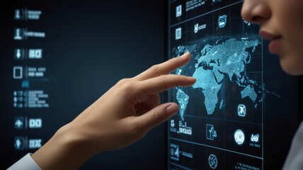 Woman Interacting with Global Digital Interface Touchscreen Technology Map