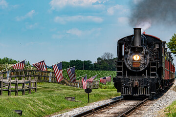 A classic steam train moves along the tracks in lush green countryside. American flags line the pathway, adding color to the bright blue sky and warm sunlight.
