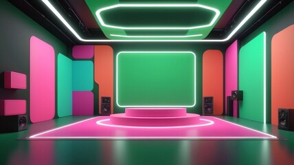 Colorful, modern virtual room background, ideal for music videos, or artistic shows or TV games. Minimal 3D rendering backdrop suitable on VR tracking system stage sets, with green screen