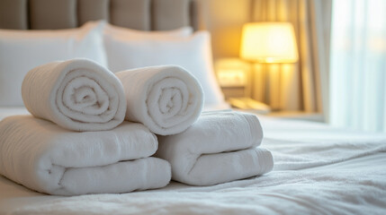 stack of white towels , White folded towels on  bed in luxury room at hotel