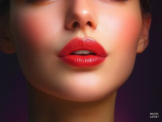 woman "MUCH LOVE!" blowing kiss red lips