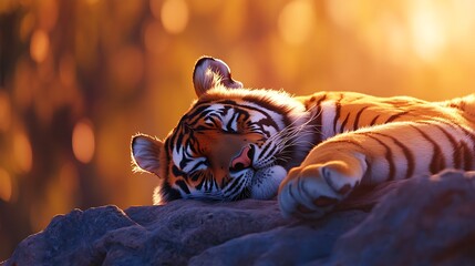 A tiger lying on a rock, basking in the sun