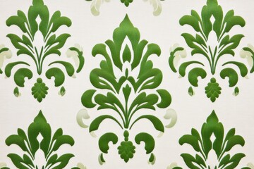 Luxurious fabric pattern featuring intricate floral green and white damask designs, offering an elegant and classic textile texture ideal for sophisticated decor