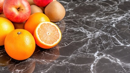 Assortment of fruits with orange, apple & pears on dark marbled background. Healthy eating concept