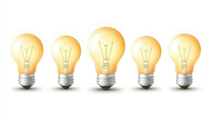 Five glowing light bulbs in a row on white background – concepts of innovation and creativity