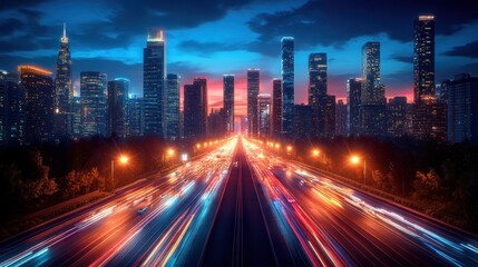 Obraz premium Stunning night cityscape with vibrant light trails and illuminated skyscrapers