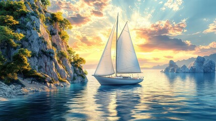 Majestic sailboat on tranquil sea with sunrise glow and rocky coastline