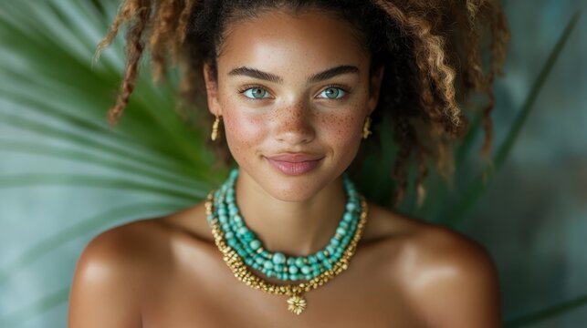 A bright young woman smiling radiantly, adorned with colorful jewelry amidst a lush backdrop, celebrating beauty and nature's vibrant elements with joyful confidence.