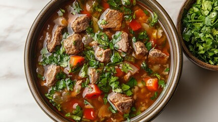 Hearty beef soup with fresh vegetables and cilantro garnish. Generative AI