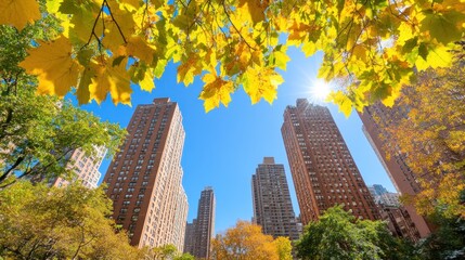 Autumn leaves frame a building view with trees in a park with a clear blue sky
