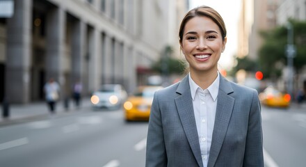 beautiful smile woman wearing a business suit, standing in the city, sunshine, with a little bit of blurred background with copy space