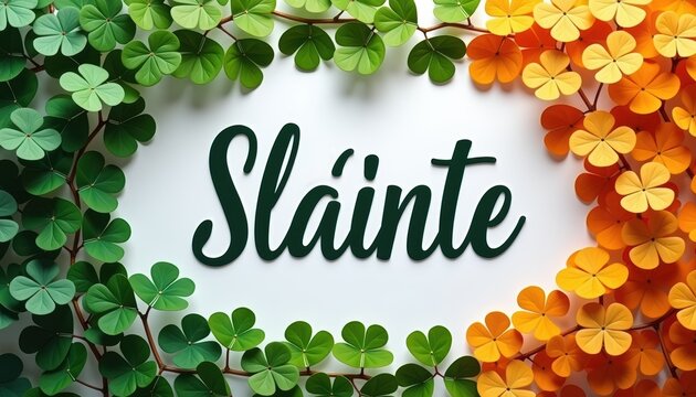 Drinking toast, text &ldquo;Sl&aacute;inte&rdquo;, Irish and Scottish Gaelic traditional word slainte, floral frame in irish colors, for wishing health and cheers. St. Patrick's day celebration, party, whisky community