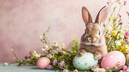 Obraz premium Easter postcard, bunnies with colorful eggs on pastel festive background