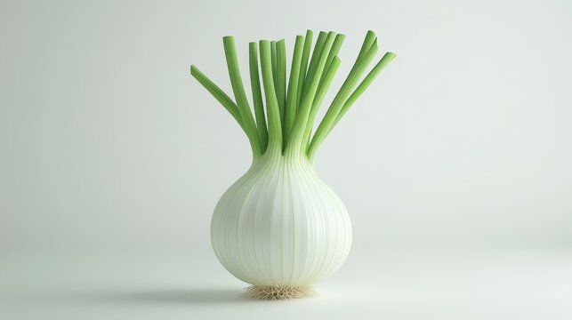 Fresh green-leaved onion on smooth white background with long stems and roots