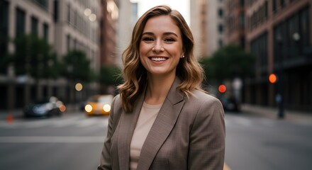 Fototapeta premium beautiful smile woman wearing a business suit, standing in the city, sunshine, with a little bit of blurred background with copy space