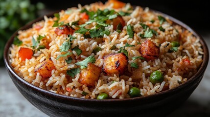 Colorful and Tasty Rice with Grilled Paneer Cubes. Generative AI
