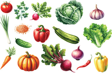 Set of 17 Watercolor Vector Illustrations of Vegetables