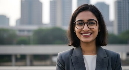 beautiful smile woman wearing a business suit, standing in the city, sunshine, with a little bit of blurred background with copy space