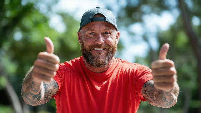 A cheerful man showing two thumbs up while smiling. His tattoos and vibrant red shirt stand out, conveying a sense of positivity and confidence in a sunny outdoor setting.