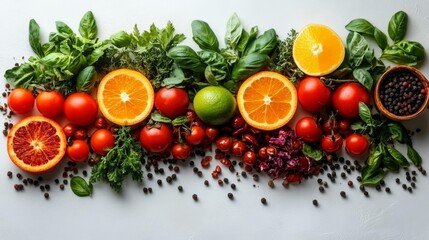 Fresh Fruits and Vegetables Arrangement with Herbs and Spices. Generative AI