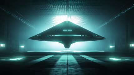 A spaceship is flying in the air in a dark room