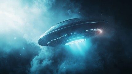 Obraz premium A large, blue UFO is flying through a cloudy sky