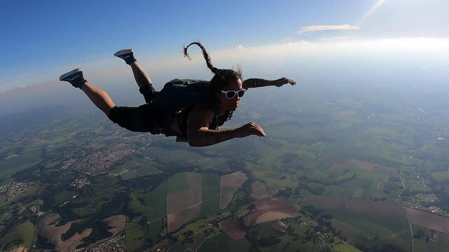 A Brazilian skydiver in free fall, on a summer day. Smiling and confident.