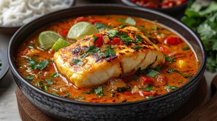 Delicious Fish Fillet in Spicy Soup with Fresh Vegetables. Generative AI