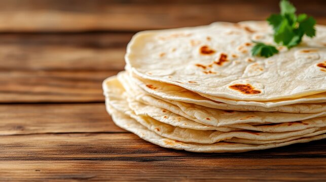 A beautiful stack of fresh homemade tortillas resting on a rustic wooden surface showcases their texture and appeal, perfect for culinary presentations or recipes.