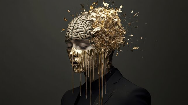 This dramatic artistic representation showcases a mannequin with a brain bursting with golden flakes, symbolizing creativity and the explosive nature of ideas.