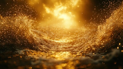 Golden water waves crashing, fire background