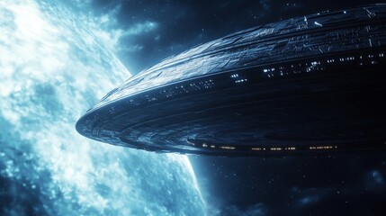 Obraz premium A large space ship is flying through the sky above a blue planet