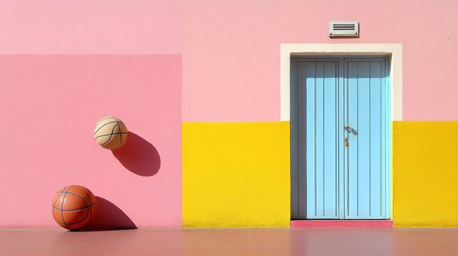 Basketballs near a colorful doorway. Minimalist design for sports, art or architecture blog
