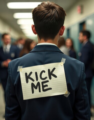 Playful prank in school hallway: student with 'kick me' sign on back