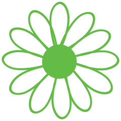 The sticker depicts a bright green, stylized flower, similar to a daisy, with a round center and symmetrical, curved petals.