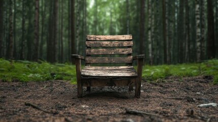 Fototapeta premium A rustic, worn-out wooden chair stands alone on the forest floor, surrounded by a lush carpet of pine needles and the gentle embrace of nature’s surroundings.