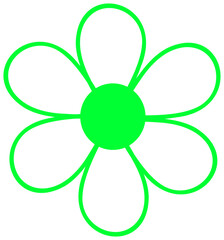 The sticker depicts a bright green, stylized flower, similar to a daisy, with a round center and symmetrical, curved petals.