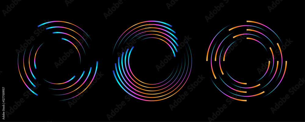 Aufkleber Colorful radial speed lines forming circles on a black background, suggesting motion and energy.Neon gradient curved waves in round shapes. Set of bright spinning circular borders. Vector collection