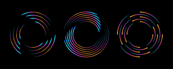 Colorful radial speed lines forming circles on a black background, suggesting motion and energy.Neon gradient curved waves in round shapes. Set of bright spinning circular borders. Vector collection