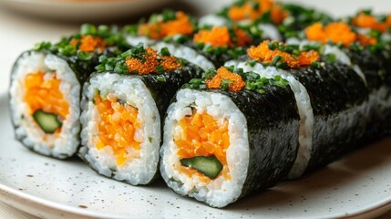 Fresh Vegetarian Sushi Roll with Carrot Cucumber and Toppings. Generative AI