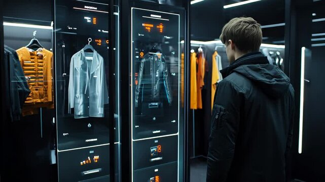 A man interacts with high tech clothing displays in a futuristic shopping environment featuring immersive technology